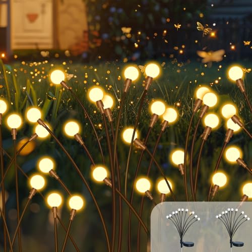 2 Stück Firefly Solarlampen für Außen, 10LED Warmweiß, IP65, 2 Modi Licht, Swinging Dekorative Glühwürmchen für Fußweg, Yard, Patio