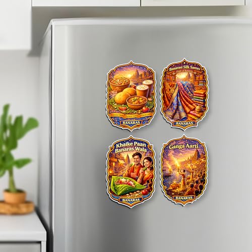 Image of Regalo Casila Banaras Tourism Souvenir Wooden Fridge Magnet Set of 4 Banarasi Food Silk Sarees Khaike Paan Ganga Aarti Refrigerator Magnets