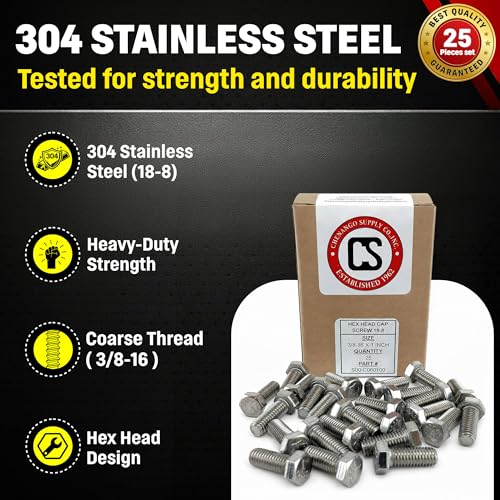 Image of Chenango Supply 3 /8-16 x 1 Stainless Steel Hex Head Bolts - 304 Stainless, USS Coarse Thread, 100,000-125,000 PSI Tensile Strength, Corrosion-Resistant Hardware Bolts, (25 Pieces, 3 /8-16 x 1)