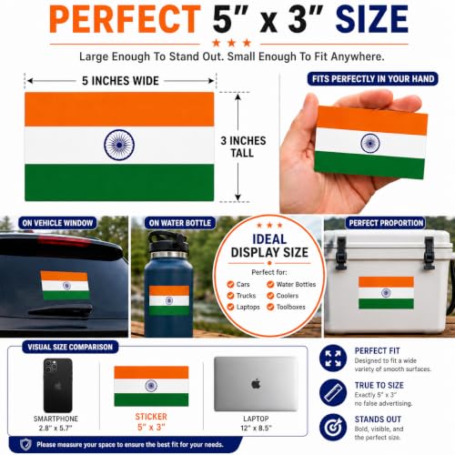 Image of Indian Vinyl Flag Stickers, Car Decals, Waterproof Indoor Outdoor, Laptop Stickers, Car Bumper, India Flag, 5 x 3 Inches, Set of 3