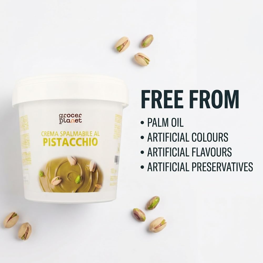Grocer Planet - Crema de Pistacho (1Kg) | Con 45% Pistachos Mediterráneos | Sabor Dulce | Comida Italiana Gourmet | Ideal para Desayunos y Postres