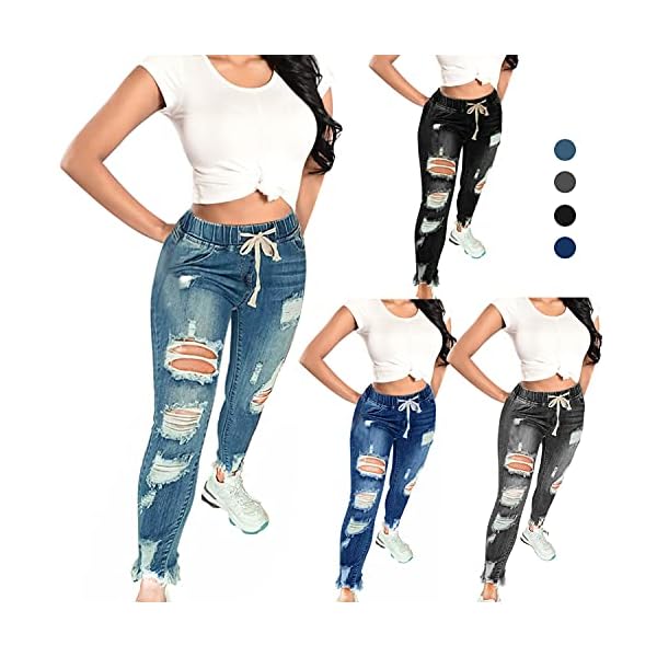 KUNMI Women High Waist Skinny Stretch Ripped Jeans Destroyed Denim Pants Plus Size Blue