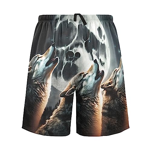 Men's Sleep Short – Wolf and Moon, Pajama Pants with Side Pockets Elastic Waistband Drawstring