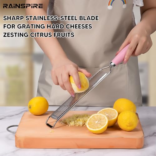 Image of Rainspire Zester Grater with Handle, Lemon Zester Cheese Grater for Kitchen Stainless Steel, Parmesan Cheese Garlic Nutmeg Chocolate Fruits Vegetables Ginger Grater, Fine (Pink)