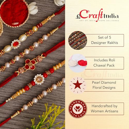 Image of eCraftIndia Set of 5 Red, Golden & White Beads, Pearl, Diamond, Floral Designer Rakhis, Best Bro Ever Fridge Magnet with Roli Chawal Pack - Rakhi for Brother, Bhaiya, Bhai