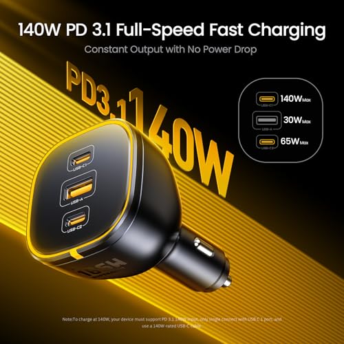 Image of AOHI 165W Laptop Car Charger Adapter 140W PD 3.1 / 100W PD 3.0 USB C Super Fast Charging PPS 45W 3-Ports QC5.0 Car Lighter Charger for MacBook Pro, iPhone 16 /15, Galaxy S24 Ultra, iPad, Black