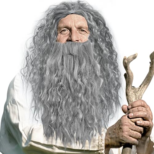 Grey Wig and Beard,Wizard Costume Wig Accessory,Long Gray Wizard Beard and Wig for Halloween Cosplay