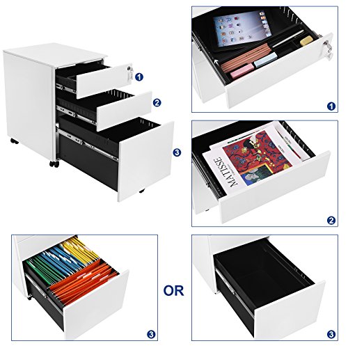 SONGMICS verrijdbaar onderstel van staal met 3 laden en hangmappenkast Afsluitbare kantoorkast, kastopbouw… - Image 5