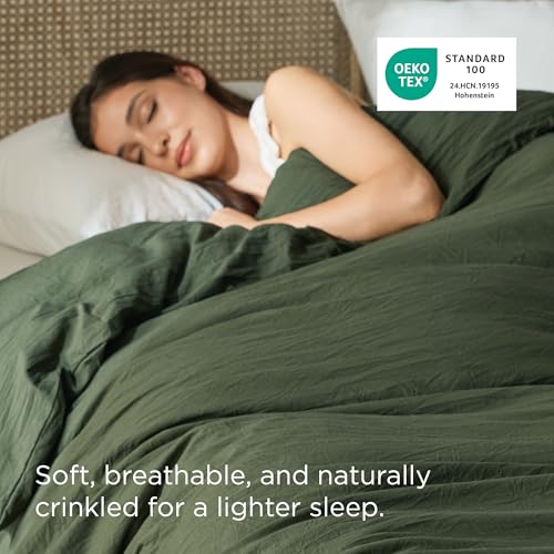 Image of Bedsure Prewashed Duvet Cover Only, Cotton-Like Feel, Olive Green, King | 1 Duvet Cover, No Pillow Shams, Ultra Soft, Relaxed Texture, Zipper Closure, 8 Corner Ties, Year-Round, OEKO-TEX, Easy Care