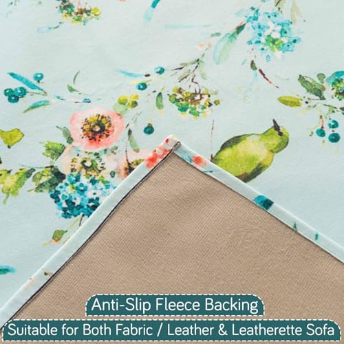Image of HOKIPO Sofa Cover with Tassel for 2 Seater Sofa | Full Protection for Seat and Back | Printed Holland Velvet Fabric | 'Whispers of Nature' (160x120 cm), Mint Birdsong Blossom (IN-1126-D3)