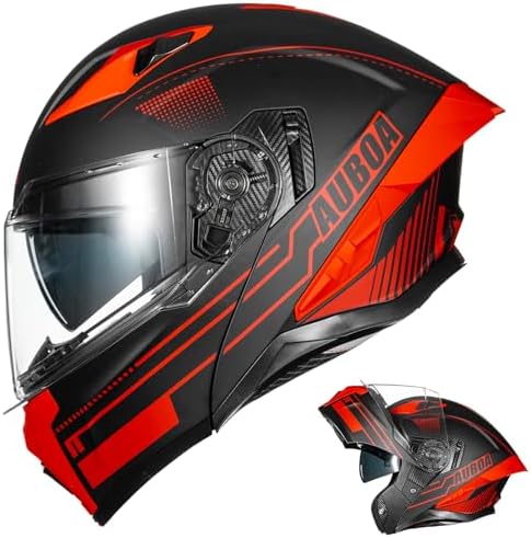 Auboa Modular Motorcycle Helmets for Adults Men Women Dual Visor Flip up Full Face Dot Helmet Casco Moto Model 928 (Black Red, M)