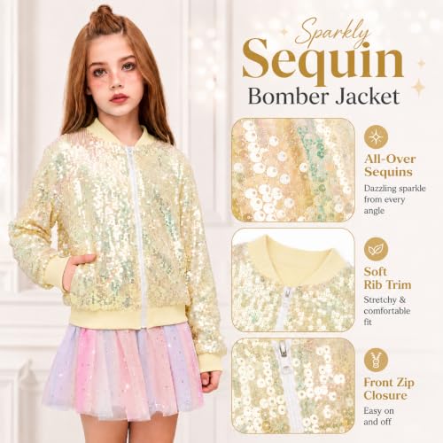 Image of Girls Sequin Bomber Jacket Sparkly Bomber Zipper Outfit 5-12T | Lightweight Sequin Jackets with Pockets