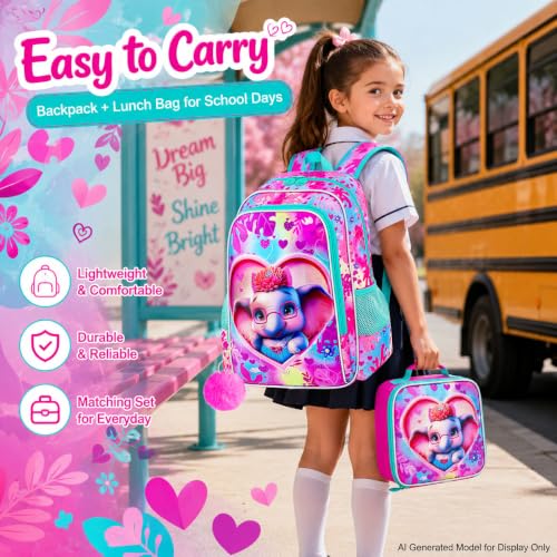Image of 16 inch Girls Backpack, 3Pcs Elephant School Bookbag with Lunch Box, Kids Backpacks for Elementary Preschool Kindergarten(Pink)
