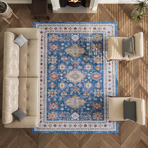 Vintage 9x12 Washable Area Rug, Low-Profile Large Area Rug with Non-Slip Backing & Durable Edge Binding, Pet-Friendly Carpet, Large Rug for Living Room, Bedroom & Dinning Room