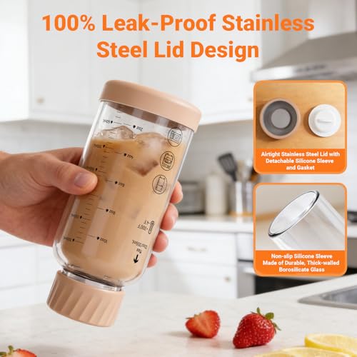 Luxfuel Garrafas de vidro de 473 ml com tampas, pacote com 4 garrafas de vidro borossilicato resistentes ao calor com tampa de aço inoxidável e base de silicone antiderrapante para sucos