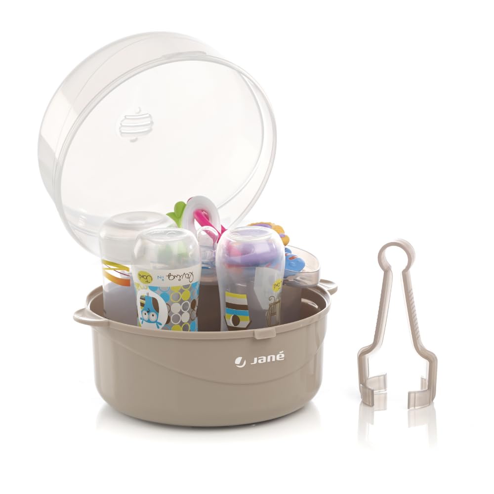 Jané Stérilisateur Micro-ondes 6 Biberons, avec Panier Tétines et Pince, Sans BPA, Gris