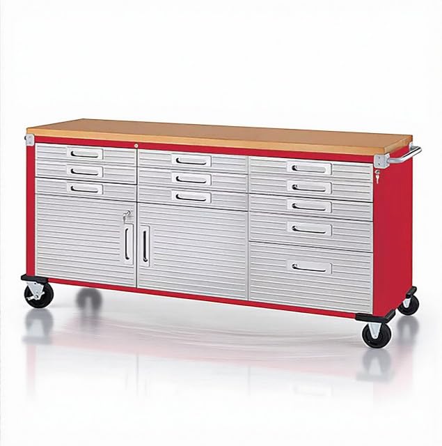 Heavy-Duty Rolling Workbench, 77" W x 20" D x 37.5" H (Red, 11-Drawer)