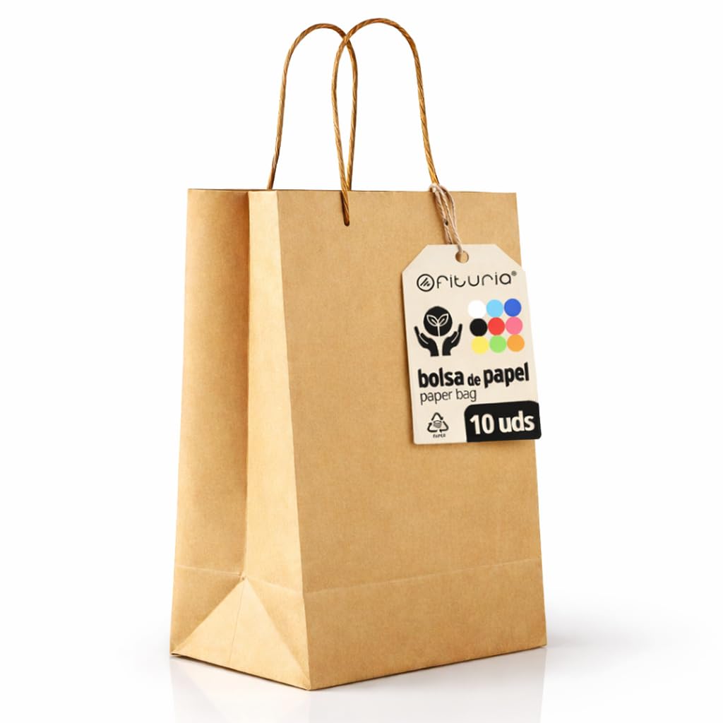 Borse di Carta Kraft M con Manici – 10 pz, Borse Resistenti e Riciclabili per Regali e Commercio – OFITURIA (24x11x32 cm, Kraft)