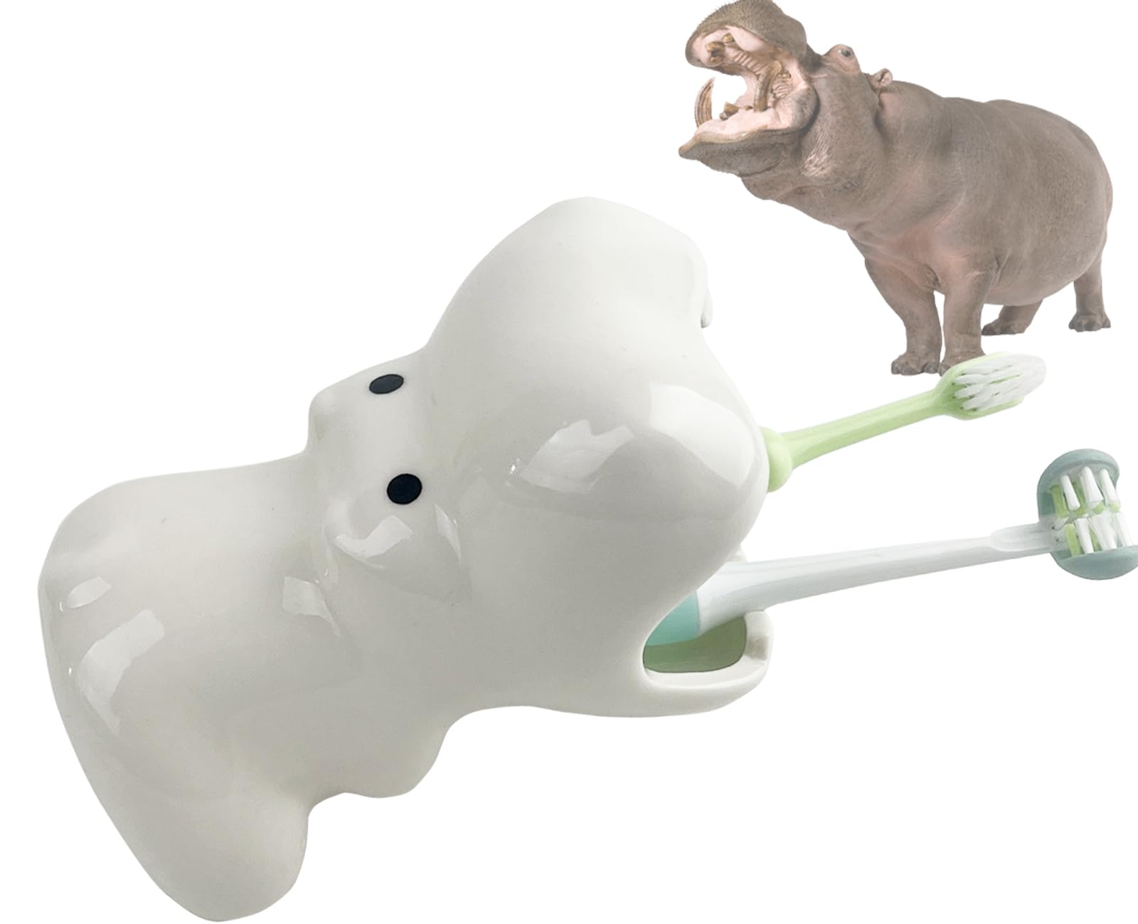 FlidRunest Kids Hippo Toothbrush Holder - Cute Hippo Shaped Toothbrush Holder for Kids - Easy to Clean, White Ceramic Animal Toothbrush and Toothpaste Holders for Children