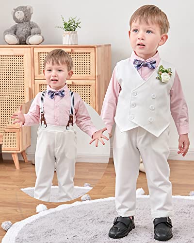 Image of YALLET Toddler Baby Boy Clothes Suit Gentleman Wedding Outfits, Formal Dress Shirt+Bowtie+Vest+Boutonniere+Suspender Pants