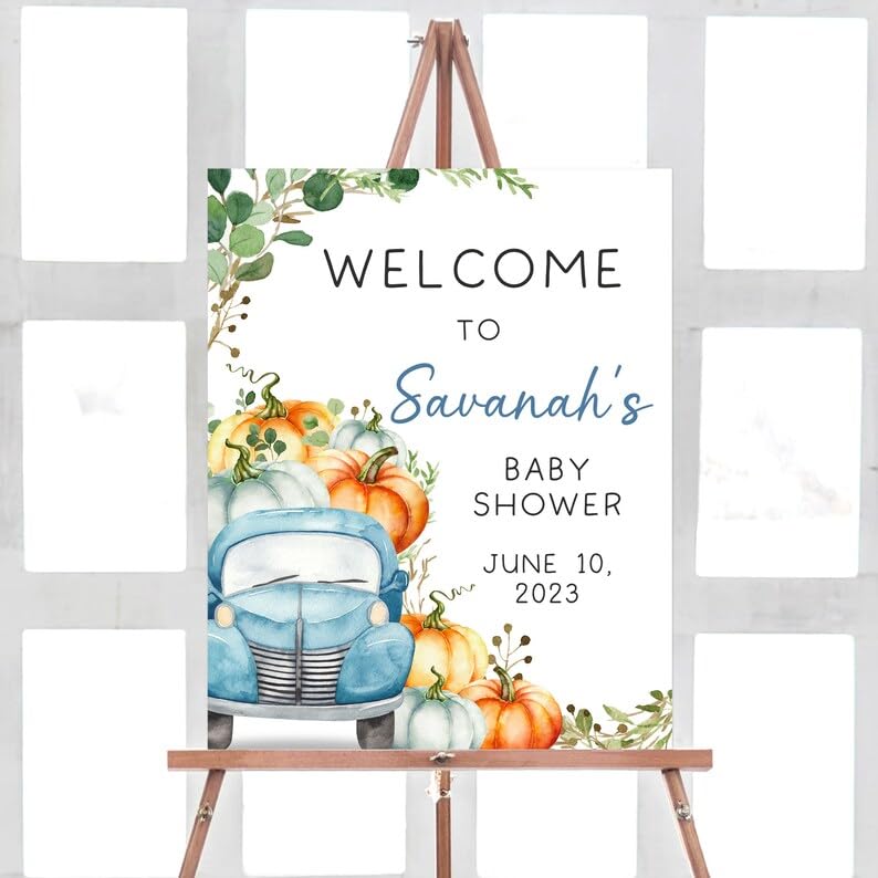 Pumpkin Blue Truck Baby Shower Welcome Sign - Customized Blue Truck Baby Shower Sign - Pumpkin Baby Shower Sign - Pumpkin Baby Shower Decorations - Baby Shower Sign Board - Baby Shower Yard Sign