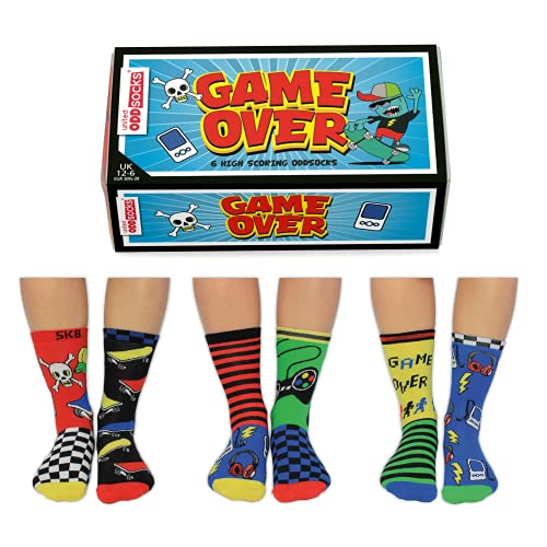 United Oddsocks Game Over - Caja de 6 calcetines para niños, Reino Unido 12-6 EUR 30.5-39 US 13.5-7, Multi Cover