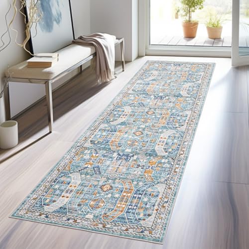 Madane Washable Runner Rug - 2x6 Rug Runners for Hallways 6 Feet Non Slip Vintage Kitchen Runner Rug Ultra-Thin Bathroom Runner Rugs Carpet Laundry Room Bedroom (2x6ft, Blue/Gold)