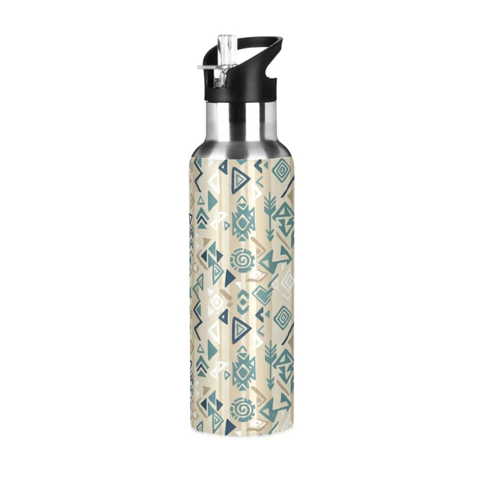 BOESI Tribal Pattern Insulated Water Bottle 600ml, Stainless Steel Vacuum Sports Bottle with Straw, Leak Proof Thermal Bottle for Gym Travel Outdoor