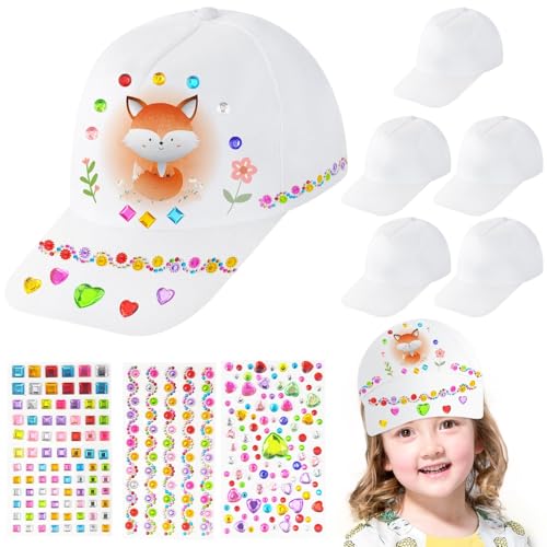 Hpbaggy DIY Baseballkappe,6 Stück Kinder Kappe Weiß zum Bemalen,DIY Kappe Kinder mit Edelstein Aufkleber für Geburtstag Geschenk Indoor Familien Eltern Kind Aktivitäten
