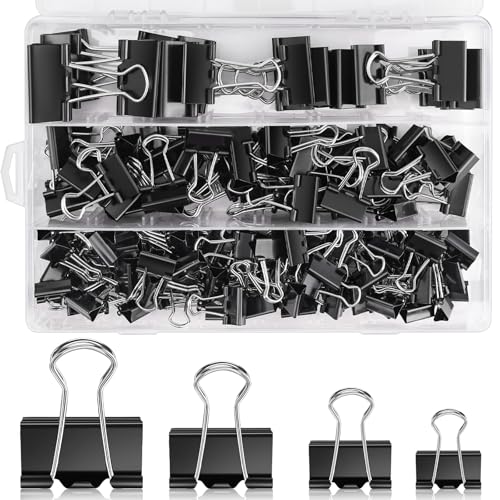 Mexgcom 170 Stück Foldback Klammern - 15mm/19mm/25mm/32mm Papierklammern Schwarz - Binder Clips Metall Klammern Büroklammern - Dokumenten Clips für Schule, Büro und Haushalt (Schwarz)