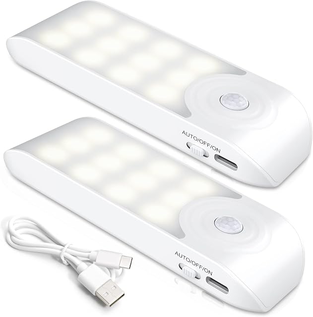 Motion Sensor Lights Indoor[2 Packs], USB Rechargeable Night Light Cupboard light with 3 Modes, Warm White nightlight with Removable Magnetic Strips for Wardrobes Cabinet, Bedrooms, Stairs, Hallway