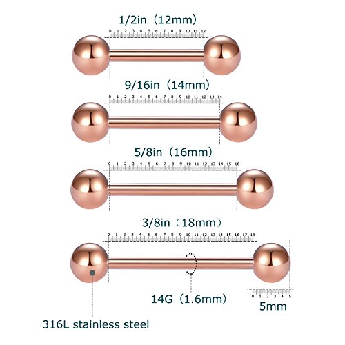 Vcmart Nipple Rings Tongue Rings Stainless Steel Straight 14G Barbells Piercing Jewelry Rose Gold 12Mm,14Mm,16Mm,18Mm #TOP2