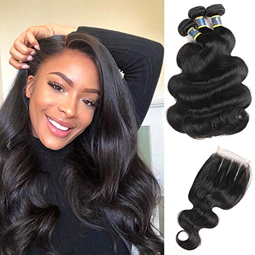 Lenaqueen 10A Human Hair Bundles with Closure Braizlian Body Wave 3 Bundles with Three Part Closure (18 20 22 + 16 inch) 100% Human Hair Bundles and 4x4 Lace Closure for Black Women