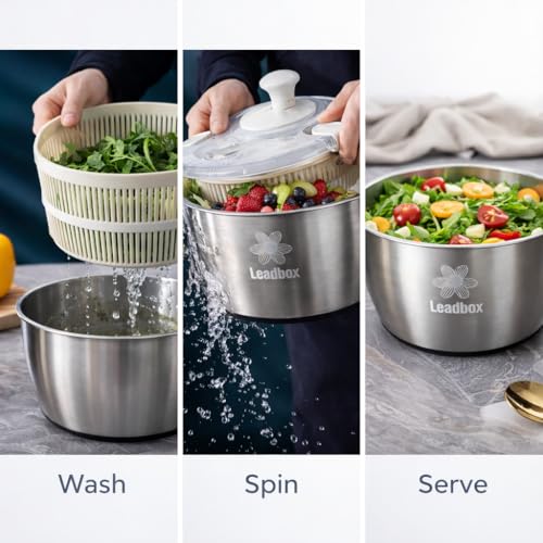 Leadbox Stainless Steel Salad Spinner, 6L Heavy-Duty Lettuce Dryer with Smooth Spin Handle, Large Vegetable Washer & Fruit Rinse Bowl, Non-Slip Base