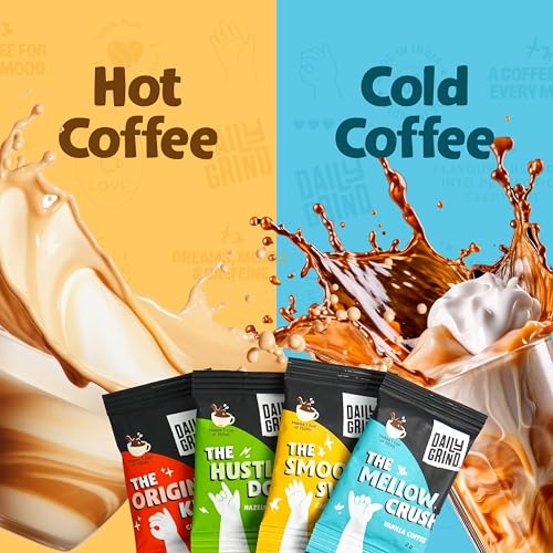 Image of DAILYGRIND Instant Coffee Sachets 2 g Each - Pack of 48 | Classic, Hazelnut, Vanilla, Caramel Flavoured Coffee | Freeze-Dried Pure Arabica Coffee Granules with Free Jar | Hot & Cold Brews 96 g