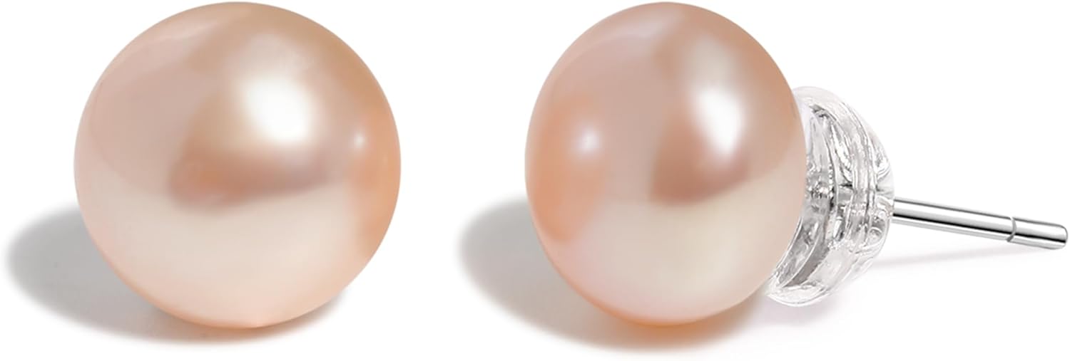 Purple Pink Pearl Stud Earrings for Women | 7-10mm Natural Freshwater Cultured Pearls | Hypoallergenic 925 Sterling Silver Elegant Birthday & Anniversary Jewelry Gifts for Women/Wife