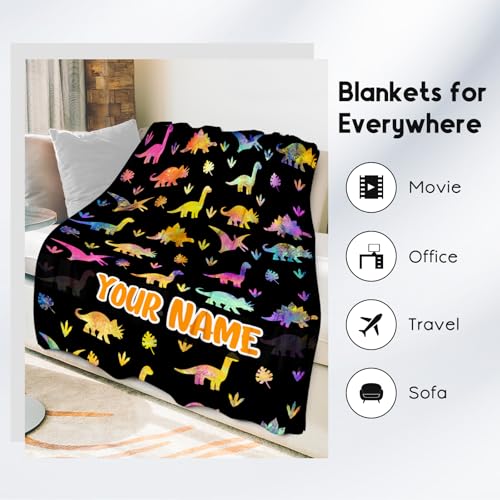 Custom Dinosaur Blanket with Name - 50x60 Inches Cute Throw for Boys - Black Soft Fuzzy Blankets for Couch & Office