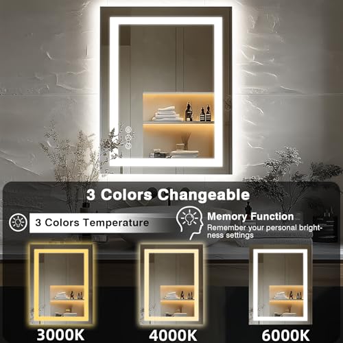 24"x36" LED Bathroom Mirrors for Wall, Front and Backlit, Anti-Fog Vanity Mirror with Lights, Stepless Dimmable Lighted, 3 Colors Smart Mirror (Horizontal/Vertical)