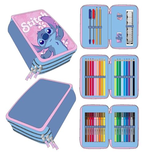 Stitch Schulmäppchen für Kinder Rosa Reißverschluss 12 5 x 6 5 x 19 5 cm Dreifachfach inklusive Zubehör Originalprodukt entworfen in Spanien Rosa Federmäppchen
