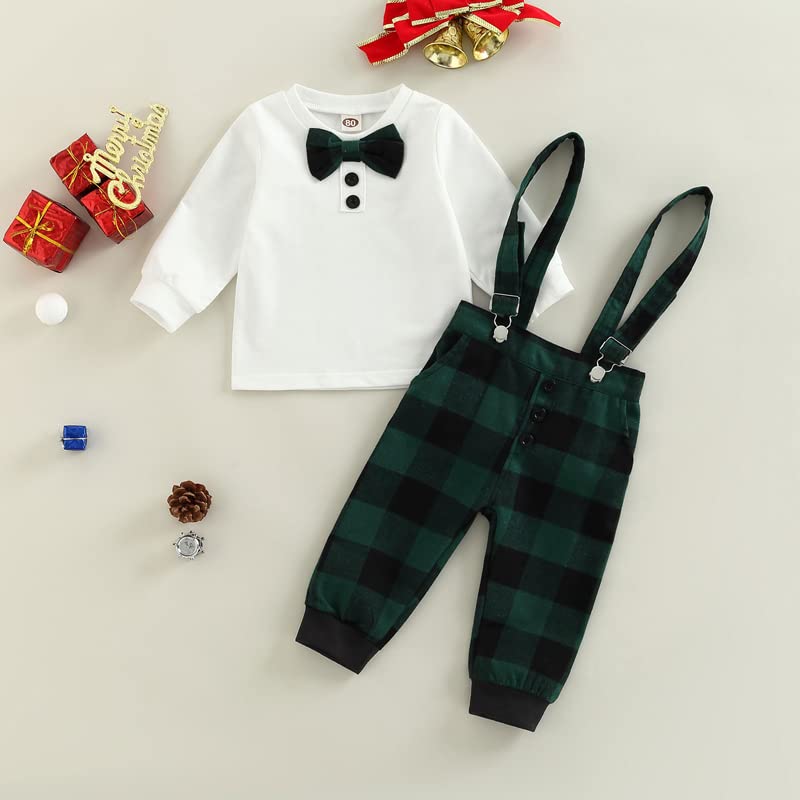 FYBITBO Baby Boy Fall Winter Clothes Long Sleeve T Shirt Top+Plaid Suspender Pants Overalls Gentleman Outfits Set (Green plaid,6-12 Months)