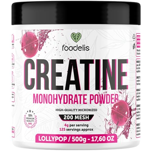 Foodelis Creatina Monohidratada en Polvo 500 g – Sabor Lollipop – 100% Creatina Micronizada – Alta Pureza – Sin Aditivos – Vegana – Alta Solubilidad – Incluye Dosificador