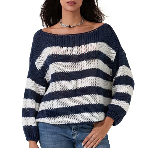 Women Oversized Striped Sweater Y2K Long Sleeve Crew Neck Stripes Color Block Knit Pullover Top Preppy Chunky Jumper