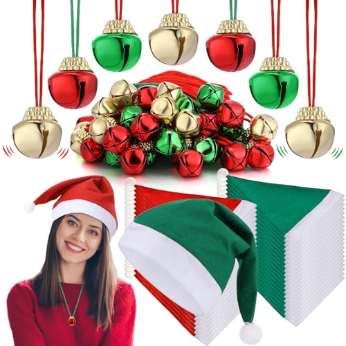 Seajan 50 Pcs Christmas Hats Bulk With 50 Pcs 1 X 1.2 Inch Jingle Bell Necklaces, 11 X 15 X 0.39 Inch Holiday Christmas Santa Hat Unisex Xmas Hat For Party Supplies Kids Adults cover