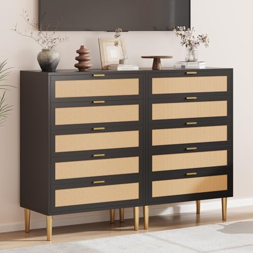 Rattan 5 Drawer Dresser, 44'' Tall Narrow Chest of Drawer, Farmhouse Wooden Storage Cabinet with Metal Legs and Handles, Modern Dresser for Bedroom, Living Room, Black