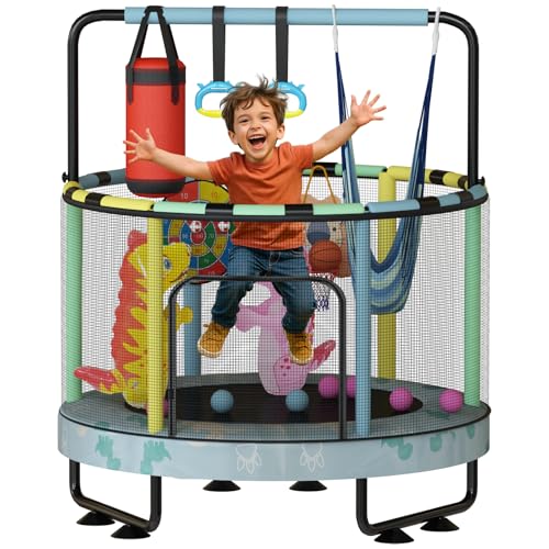 Image of LAMERGE 55" 7-in-1 Round Trampoline for Kids Boys & Girls Ages 1-8, Indoor & Outdoor Trampoline for Fun, Adjustable Height Handrail ＆ Enclosed Safety Net ＆ Durable Designs for Toddlers Children