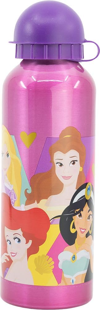 Disney Princess Cinderella Aurora Snow White Rapunzel Ariel Jasmine 530ml Purple Aluminium Water Bottle with Spout and Safety Cap