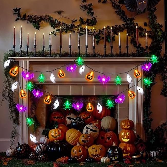 20FT 40LED Halloween Lights Outdoor Indoor Pumpkin Bat Spider Ghost Halloween String Lights Battery Operated, 8 Light Modes Waterproof Fairy Lights Decorations for Home Yard Window Party Outside Decor