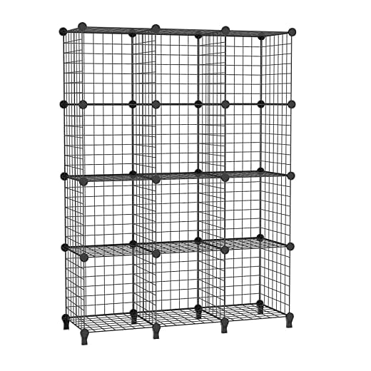 AWTATOS Griglia metallica a forma di cubo, 12 cubi, libreria, impilabile, organizer per riporre oggetti, contenitori modulari per cubi, scaffale multiuso in filo di ferro, per soggiorno, nero