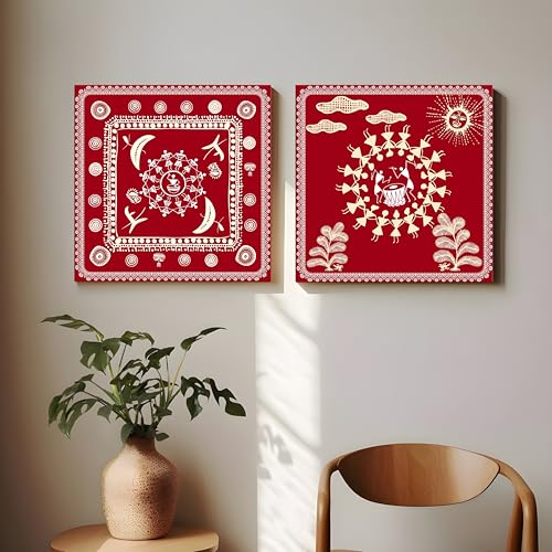 Image of PAINTINGMANTRA Villagers Celebrating Festival Warli Painting, Traditional Indian Maharashtra Warli Tribal Folk Wall Painting for Living Room, Home and Office Decor (Set of 2, 12x12 inch)