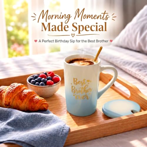 Image of ZAICUS Best Brother Ever Coffee Mug with Lid & Spoon, Gift for Brother | Suitable for Hot & Cold Beverages | Ceramic Mug | Elegant White & Blue Gradient Finish